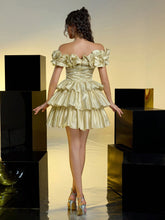 Elegant, Sexy, Romantic, Gold Glitter, Organza, One Shoulder, Three-Dimensional Pleats, Cake Skirt, Christmas Party Prom Dress